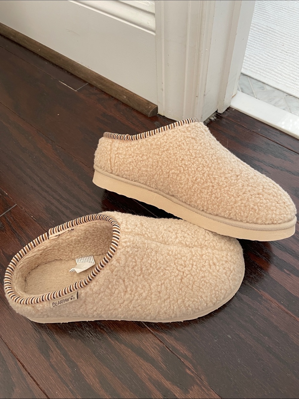 BearPaw Women’s Cream Sherpa Boucle Slip-Ons Slippers with Striped Trim